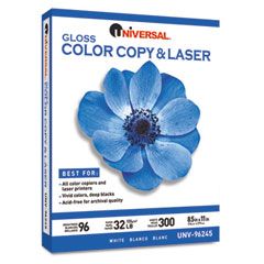 Universal Gloss Color Copy/Laser Paper, 96 Brightness, 32lb, 8-1/2 x 11, WE, 300 Shts/Pk UNV96245