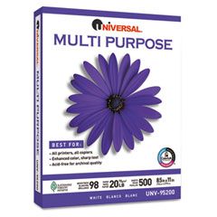 Universal Multipurpose Paper, 98 Brightness, 20lb, 8-1/2 x 11, Bright White, 5000 Shts/Ctn UNV95200