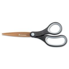 Universal Office Scissors, 8" L, Straight, Titanium Coated Blades, Pointed Tip, Black/Blue UNV92012