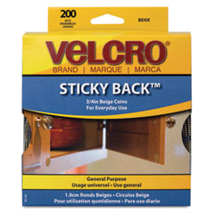 Velcro Sticky-Back Hook and Loop Dot Fasteners, Dispenser, 3/4 Inch, Beige, 200/Roll VEK90140