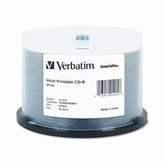 Verbatim CD-R Discs, 700MB/80min, 52x, Spindle, White, 50/Pack VER94904