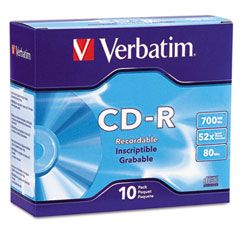 Verbatim CD-R Discs, 700MB/80min, 52x, w/Slim Jewel Cases, Silver, 10/Pack VER94935