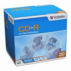Verbatim CD-R Discs, 700MB/80min, 52x, w/Slim Jewel Cases, Silver, 20/Pack VER94936