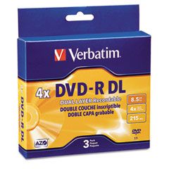 Verbatim Dual-Layer DVD-R Discs, 8.5GB, 4x, w/Jewel Cases, 3/Pack, Silver VER95165