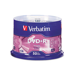 Verbatim DVD+R Discs, 4.7GB, 16x, Spindle, Matte Silver, 50/Pack VER95037