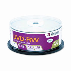 Verbatim DVD-RW Discs, 4.7GB, 2x, Spindle, 30/Pack VER95179