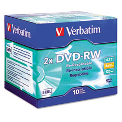 Verbatim DVD-RW Discs, 4.7GB, 2x, w/Slim Jewel Cases, Silver, 10/Pack VER94918