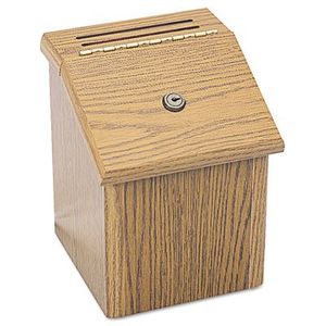 Wood Suggestion Box, Latch Lid Key Lock, 7 3/4 x 7 1/2 x 9 3/4, Oak, Sold as 1 Each