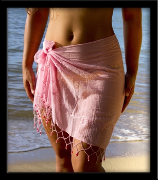 Bali Sheer Half Sarong Pink with Beads & Embroidery