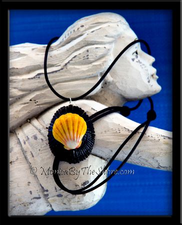 Black Opihi & Classic Yellow Hawaiian Sunrise Shell Pendant & Black Leather Necklace