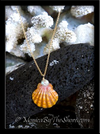 Bright Orange Hawaiian Sunrise Shell & Pearly Iridescent Trochus Shell Gold Necklace