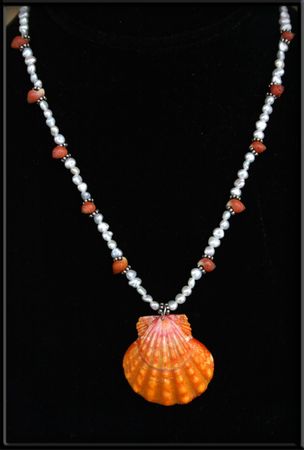 Bright Orange Large Sunrise Shell & Pearl Necklace