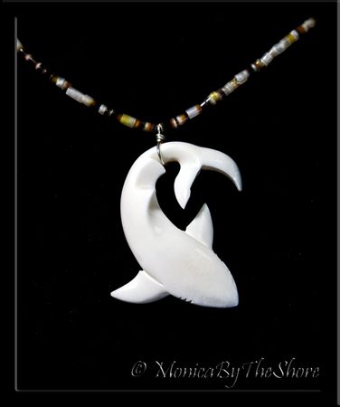 Carved Bone Shark and Heishe Shell Necklace