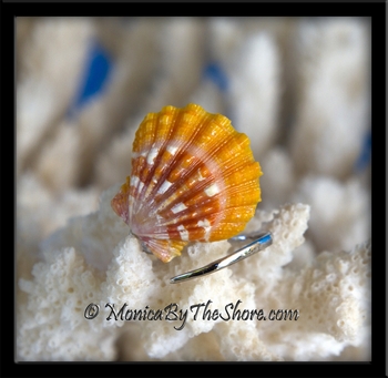 Custom Slant Style Pink Orange Sunrise Shell Sterling Silver Ring