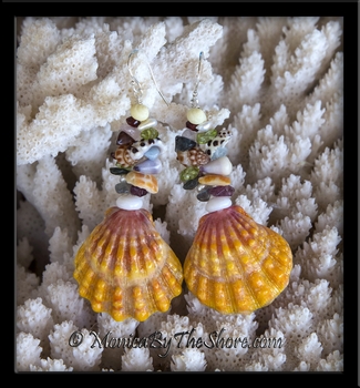 Custom Sunrise Shell "Fantasy" Seashell and Gem Stone Earrings