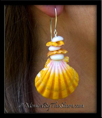 Giant Hawaiian Sunrise Shell, Puka Shells and Sunrise Chips Longwire Earrings