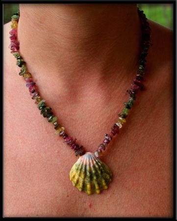 Green Pink Gold Sunrise Shell and Tourmaline Necklace