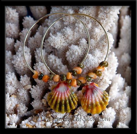 Green & Pink Sunrise Shells & Tahitian Mongo Shell Gold Big Hoop Earrings