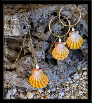 Hawaiian Sunrise Shell, Pearl & Pink Coral Gold Necklace & Hoop Earrings Set