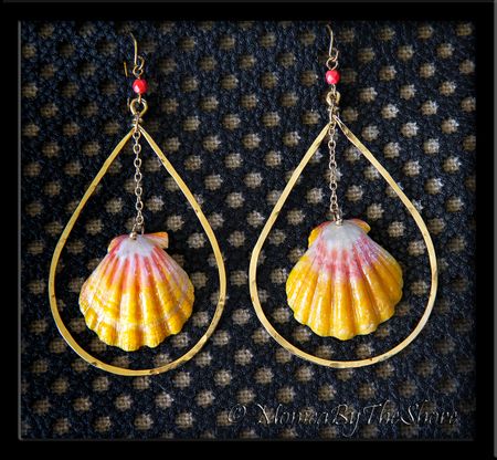 Hawaiian Sunrise Shells and Hammered Gold Hoops Earrings