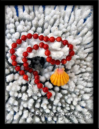 Jumbo Hawaiian Sunrise Shell on Knotted Strand of Red Coral Beads Necklace