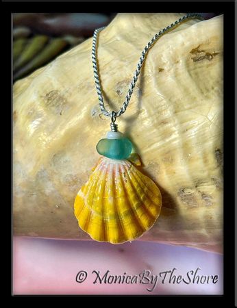 Large Hawaiian Sunrise Shell Aqua Seaglass Puka Shell Necklace