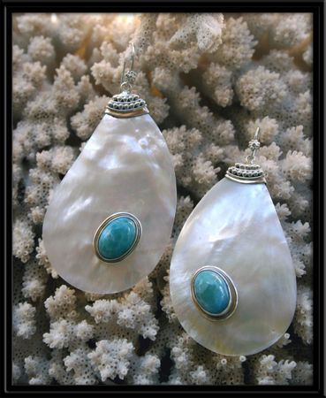 Larimar Stone & Mother of Pearl Drop Earrings Larimar Stone & Mother of Pearl Drop Earrings