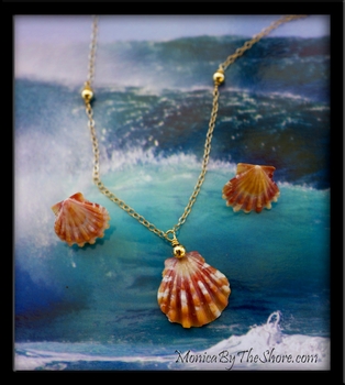 Orange Sunrise Shell Earrings Necklace Gold Set