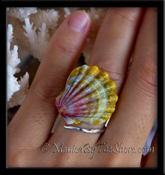 Pink Chartreuse Sunrise Shell Sterling Silver Slant Wrap Ring