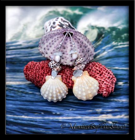 Rare Hawaiian Albino Sunrise Shells, Seashells and Aquamarine Stones Earrings