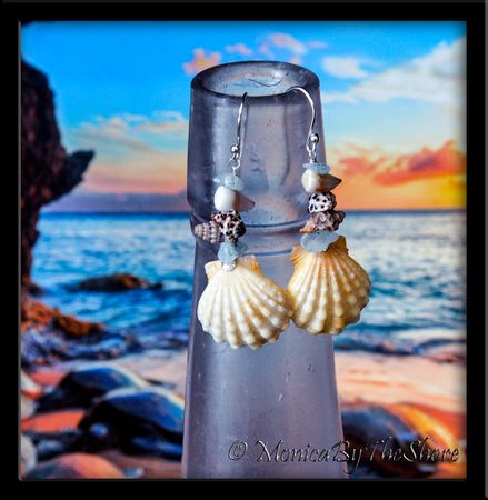 Rare Hawaiian Albino Sunrise Shells, Seashells and Aquamarine Stones Earrings Rare Hawaiian Albino Sunrise Shells, Seashells and Aquamarine Stones Earrings