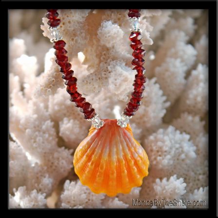 Red Garnet & Classic Sunrise Shell & Crystals Necklace