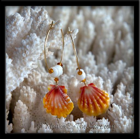 Small Gold Hoop Sunrise Shell & Puka Shells with Swarovski Crystals Earrings