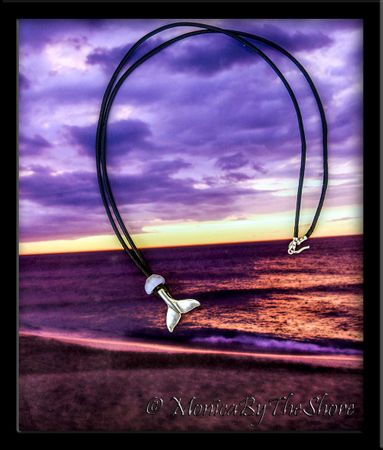 Sterling Silver Humpback Whale Tail and Purple Puka Shell Leather Necklace