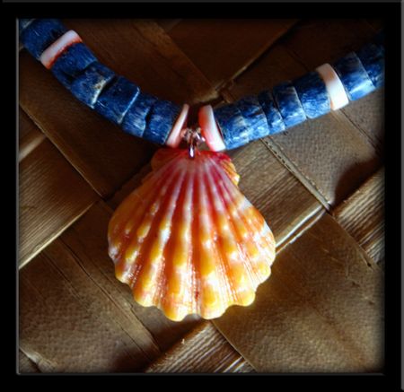 Yellow Pink Sunrise Shell & Blue Coral Necklace