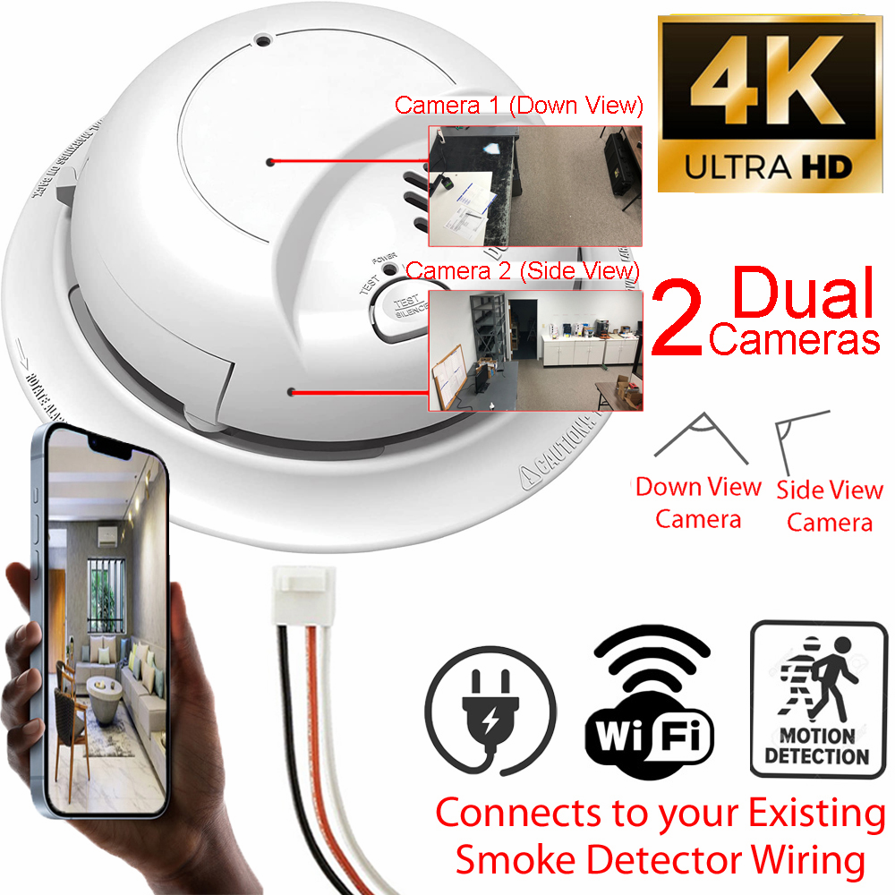 SecureGuard 4K Dual HD Smoke Detector WiFi Spy Camera Wi-Fi Fire Alarm Spy Camera, Ceiling Mount, 110V AC Connector (7010 Model) (Dual 4K Cameras)