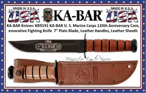 7KA-BAR KB9191 KA-BAR U. S. Marine Corps 120th Anniversary Commemorative Fighting Knife  7" Plain Blade, Leather Handles, Leather Sheath