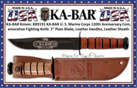 7KA-BAR KB9191 KA-BAR U. S. Marine Corps 120th Anniversary Commemorative Fighting Knife 7" Plain Blade, Leather Handles, Leather Sheath 7KA-BAR KB9191 KA-BAR U. S. Marine Corps 120th Anniversary Commemorative Fighting Knife 7" Plain Blade, Leather Handles, Leather Sheath