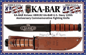 7KA-BAR KB9192 KA-BAR U.S. Navy 120th Anniversary Commemorative Fighting Knife 7" Plain Blade, Leather Handles, Leather Sheath