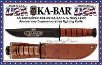 7KA-BAR KB9192 KA-BAR U.S. Navy 120th Anniversary Commemorative Fighting Knife 7" Plain Blade, Leather Handles, Leather Sheath 7KA-BAR KB9192 KA-BAR U.S. Navy 120th Anniversary Commemorative Fighting Knife 7" Plain Blade, Leather Handles, Leather Sheath