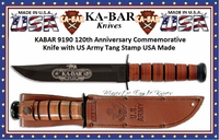 7KA-BAR KB9190 KA-BAR® US Army Tang Stamp 120th Anniversary Commemorative Fighting Knife Overall Length of 11 7/8" Leather Handle Leather Sheath 7KA-BAR KB9190 KA-BAR® US Army Tang Stamp 120th Anniversary Commemorative Fighting Knife Overall Length of 11 7/8" Leather Handle Leather Sheath