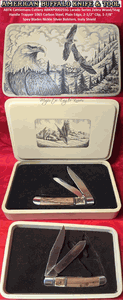 ABKRP00025SG Laredo Series Majestic Eagle Trapper, 3-1/4" Clip 3-1/4" Spey Blades 1065 Carbon Steel, Standard Edge Nickel silver bolsters, Inlay Shield. Black Pakkawood/Bone Handle Pocket Knife