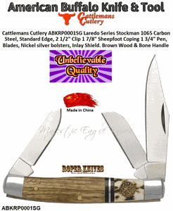 ABKT/Cattlemans Cutlery ABKTRP0001SG Laredo Series Stag Stockman 1065 Carbon Steel, Standard Edge, 2 1/2" Clip 1 7/8" Sheepfoot Coping 1 3/4" Pen, Blades, Nickel Silver bolsters, Inlay Shield. Brown Wood & Stag Handle Pocket Knife