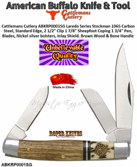 ABKT/Cattlemans Cutlery ABKTRP0001SG Laredo Series Stag Stockman 1065 Carbon Steel, Standard Edge, 2 1/2" Clip 1 7/8" Sheepfoot Coping 1 3/4" Pen, Blades, Nickel Silver bolsters, Inlay Shield. Brown Wood & Stag Handle Pocket Knife ABKT/Cattlemans Cutlery ABKTRP0001SG Laredo Series Stag Stockman 1065 Carbon Steel, Standard Edge, 2 1/2" Clip 1 7/8" Sheepfoot Coping 1 3/4" Pen, Blades, Nickel Silver bolsters, Inlay Shield. Brown Wood & Stag Handle Pocket Knife