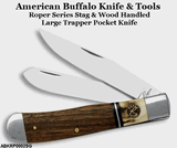 American Buffalo Knife & Tool ABKRP0002SG Roper Series Laredo Stag & Wood Trapper Pocket Knife
