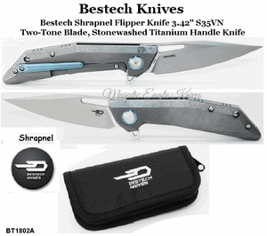 Bestech Knives BT1802A Bestech Shrapnel Flipper Knife 3.42" S35VN Two-Tone Blade, Stonewashed Titanium Handle Knife