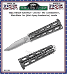 Bear and Son BS113B 4" Satin Plain Blade Stainless Steel Hollow Ground Small Black Balisong Butterfly Knife 
