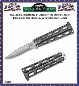 Bear and Son BS113B 4" Satin Plain Blade Stainless Steel Hollow Ground Small Black Balisong Butterfly Knife 