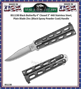Bear and Son BS113B 4" Satin Plain Blade Stainless Steel Hollow Ground Small Black Balisong Butterfly Knife 