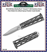 Bear and Son BS113B 4" Satin Plain Blade Stainless Steel Hollow Ground Small Black Balisong Butterfly Knife 